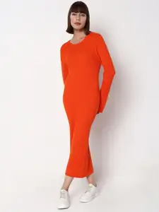 Vero Moda Self Design Round Neck Sheath Midi Dress