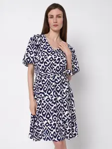 Vero Moda Ethnic Printed V-Neck Puff Sleeves Fit & Flare Dress