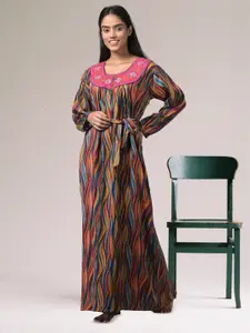 Noty Abstract Printed Embroidered Tie Up Maxi Nightdress