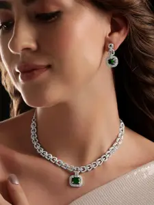 Rubans Rhodium-Plated CZ-Studded Necklace & Earrings
