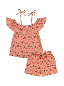 Clothe Funn Girls Floral Printed Pure Cotton Top With Shorts Set