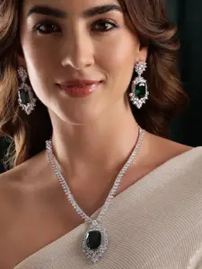 Rubans Rhodium-Plated CZ-Studded Necklace & Earrings