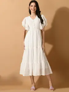 Sangria White Self Design Flutter Sleeve Tiered A-Line Midi Dress