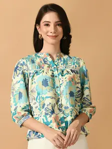 Sangria Floral Printed Mandarin Collar Pleated Detail Linen Top