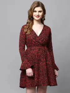 aayu Floral Printed V-Neck Bell Sleeves Gathered Fit & Flare Mini Dress