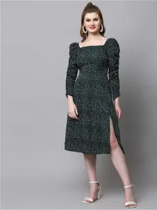 aayu Polka Dot Printed Square Neck Puff Sleeves Smocked Detailed A-Line Midi Dress