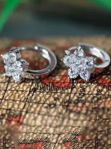 Jewels Galaxy Silver Plated American Diamond Studded Floral Korean Hoop Earrings