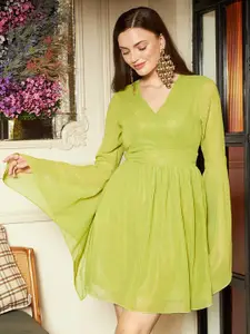 KASSUALLY Green V-Neck Flared Sleeves Gathered Mini Fit & Flare Dress