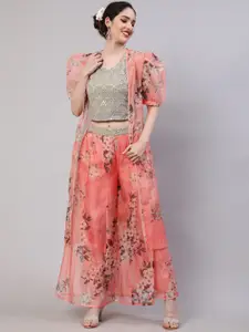AKS Embellished Round-Neck Top & Printed Front Open Jacket With Printed Trouser Co-Ords