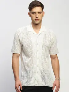 SHOWOFF Comfort Slim Fit Textured Self Design Cuban Collar Cotton Crochet Casual Shirt