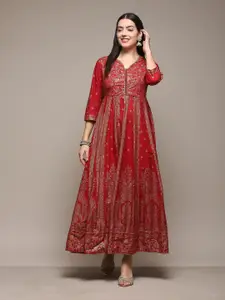 Biba Ethnic Motifs Printed V-Neck Sequinned Detailed Fit & Flare Midi Ethnic Dress