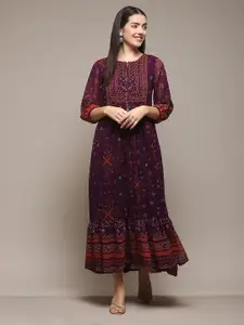 Biba Ethnic Motifs Printed Tie-Up Neck Sequinned Detailed A-Line Midi Ethnic Dress