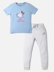 UrbanMark Girls Printed Pure Cotton T-shirt With Trousers