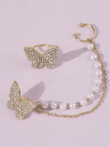 Krelin Gold Plated Classic Butterfly Stone Studded Pearl Chain Ear Cuff Earrings