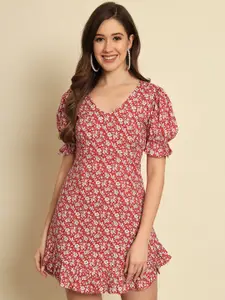 Trend Arrest Floral Printed V-Neck Puff Sleeves A-Line Mini Dress