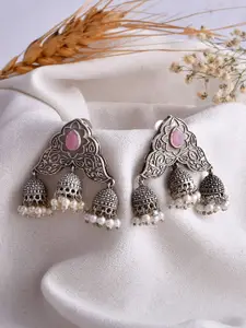 DASTOOR Silver-Plated Dome Shaped Jhumkas