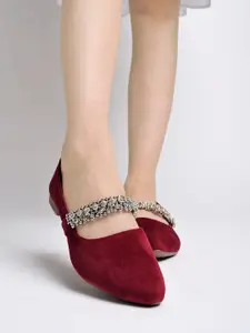 Shoetopia Embellished Suede Round Toe Ballerinas