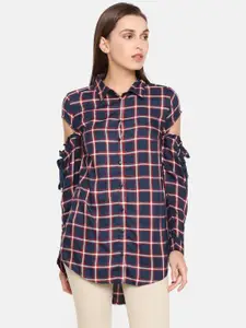 ONLY Women Navy & Red Regular Fit Checked Casual Shirt