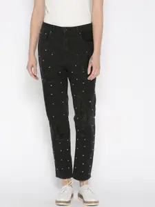 ONLY Women Black Skinny Fit High-Rise Mildly Distressed Studded Cropped Jeans