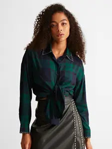 COVER STORY Green Checked Opaque Pure Cotton Casual Shirt