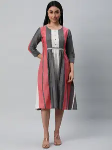 KAMI KUBI Striped Round Neck Pure Cotton Pleated A-Line Dress