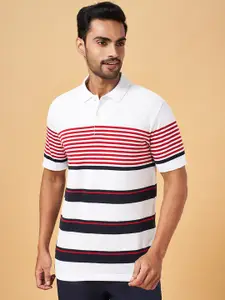 BYFORD by Pantaloons Men White Striped Polo Collar Pockets Slim Fit T-shirt