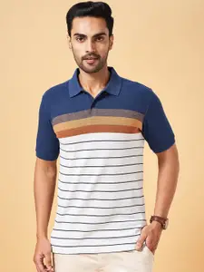 BYFORD by Pantaloons Men Navy Blue Striped Polo Collar Pockets Slim Fit T-shirt