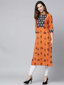 Jaipur Kurti Women Orange & Black Printed A-Line Kurta