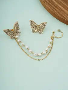 VAGHBHATT Gold Plated Classic Butterfly Stone Studded Pearl Chain Ear Cuff Earrings