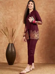 Sangria Maroon Shoulder Straps Top & Trouser With Jacket Pashmina Co-ord Set