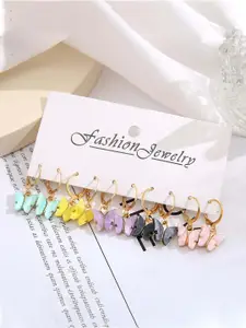 DressBerry Gold Toned Set of 6 Gold-Plated Butterfly Shaped Drop Earrings