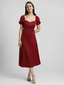 FOREVER 21 Sweetheart Neck Puff Sleeve A-Line Midi Dress