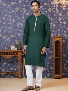 House of Pataudi Mandarin Collar Jacquard Thread Work Liva Kurta