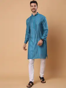 House of Pataudi Blue Embellished Mandarin Collar Long Sleeve Sequins Straight Kurtas