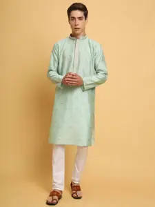 House of Pataudi Ethnic Motifs Woven Design Mandarin Collar Chanderi Cotton Straight Kurta