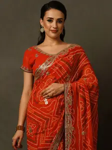 Mitera Red & Green Bandhani Printed Embroidered Pure Georgette Saree