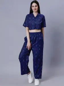 ENTELLUS Printed Lapel Collar Pure Cotton Crop Top With Trouser