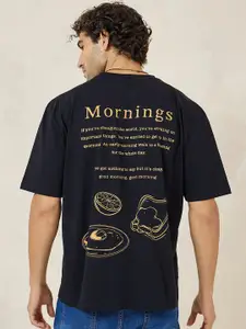 Styli Black Typography Printed Round Neck Cotton Oversized T-shirt