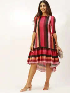 Ethnovog Striped Satin Drop-Waist Midi Dress