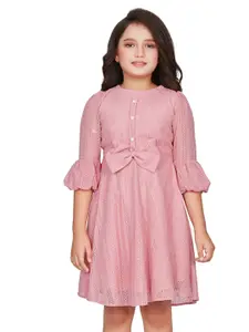 Peppermint Girls Self Design Bell Sleeve Bow Detailed Fit & Flare Dress