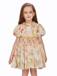 Peppermint Girls Floral Printed Puff Sleeves Satin Fit & Flare Dress