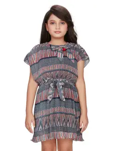 Peppermint Geometric Printed Extended Sleeves Belted Fit & Flare Dress