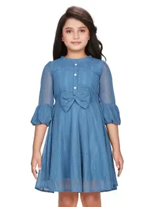 Peppermint Self Design Lace Up Detail Bell Sleeves Net Fit & Flare Dress