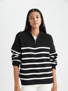 DeFacto Mock Collar Striped Pullover Sweater