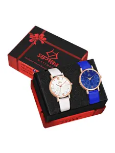 Septem Pack Of 2 Women Leather Straps Analogue Watch SP-118.White-Blue-Septem