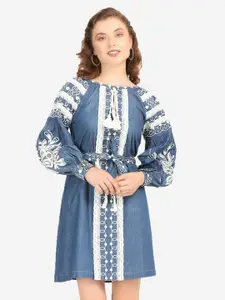 SUMAVI-FASHION Cuffed Sleeves Lace-Up Detail Organic Cotton Denim A-Line Dress