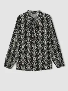 DeFacto Abstract Printed Tie-Up Neck Puff Sleeves Top