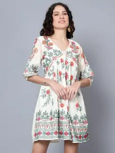 Bani Women Floral Print Puff Sleeve Empire Pure Cotton Dress
