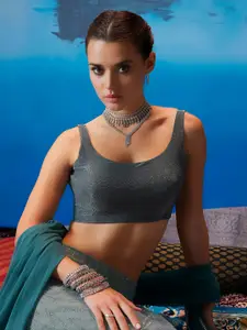 Soch Grey U-Neck Sleeveless Net Saree Blouse
