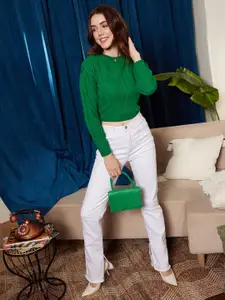 Berrylush Green Cable Knit Self Design Tie-Up Detail Crop Acrylic Pullover Sweater